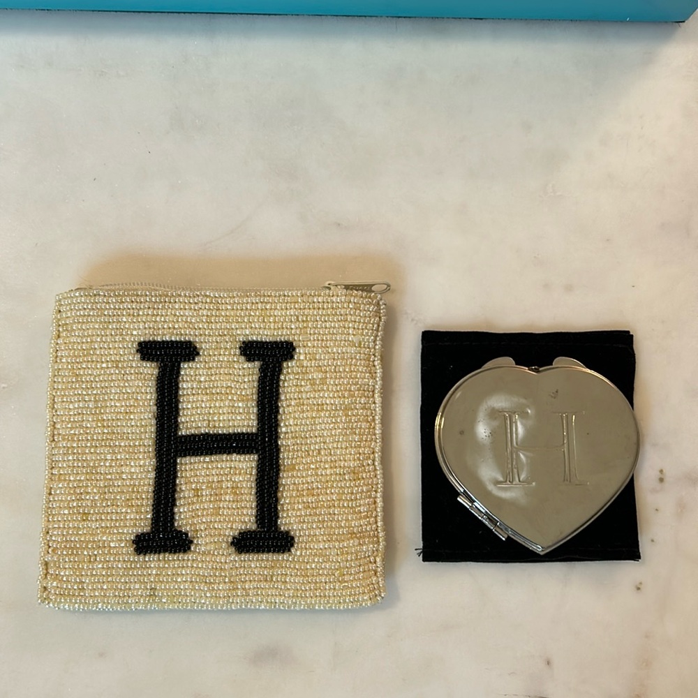K.C. Malhan beaded “H” initial coin purse with matching initial mirror.